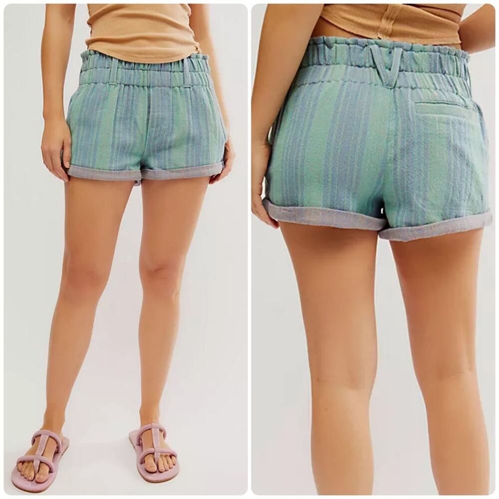 Free People Solar Flare Baja Striped Shorts Ocean Blue Combo